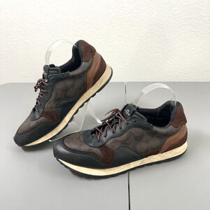 COACH C142 Runner Shoes For Men's 9D Brown Tie Up Leather Suede Logo FG1945